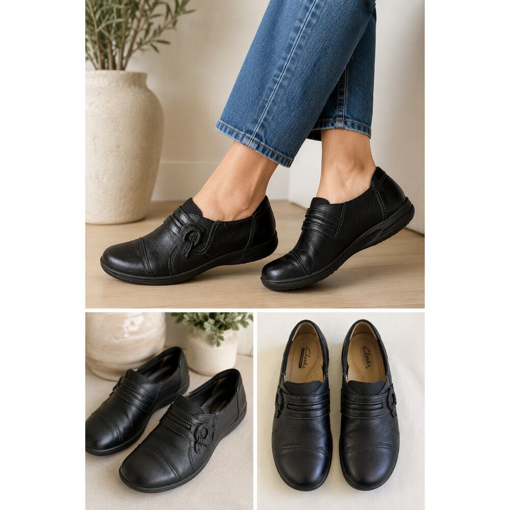 Clarks Black Leather Comfort Slip On Shoes Women’s 7.5 Minimalist Casual